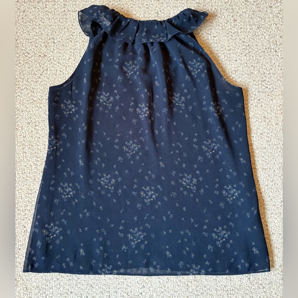 CAbi Ever Top M3984 Navy Floral Sleeveless Halter-Style Top w Ruffled Neckline - Picture 11 of 12